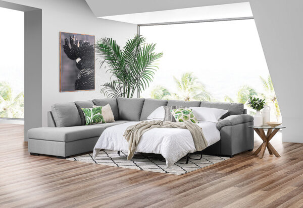 Rent to own home appliances australia orange rentals rumpus fabric corner suite left hand facing chaise with sofa bed 1
